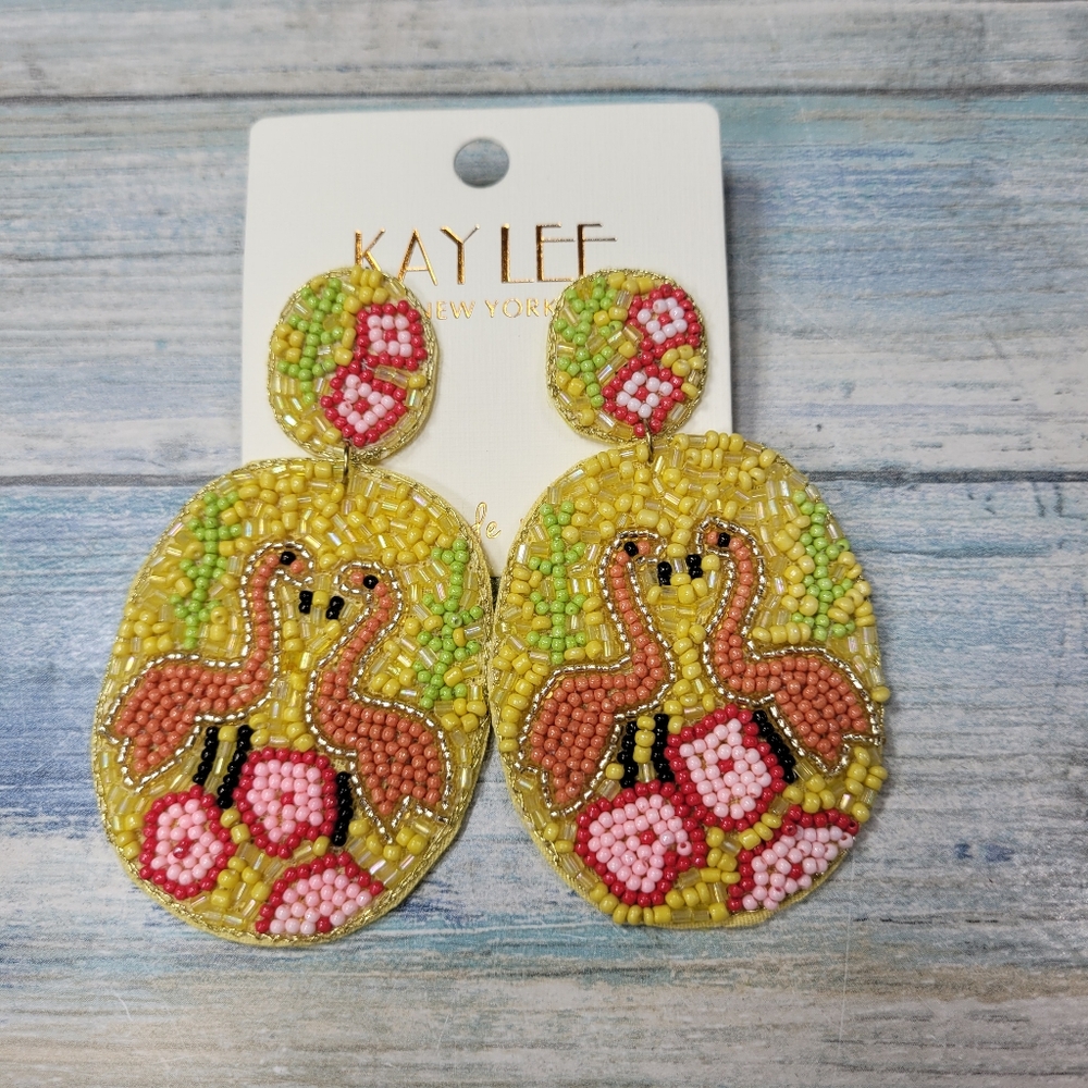 Kay Lee Beaded Flamingo Dangle Earrings